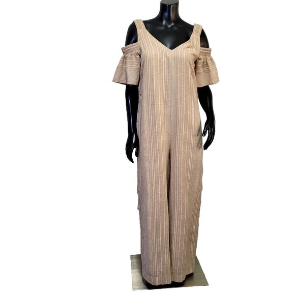 Moon River Womens S Taupe Muslin Cotton Wide Leg Cold Shoulder Jumpsuit‎ NEW - Picture 2 of 11